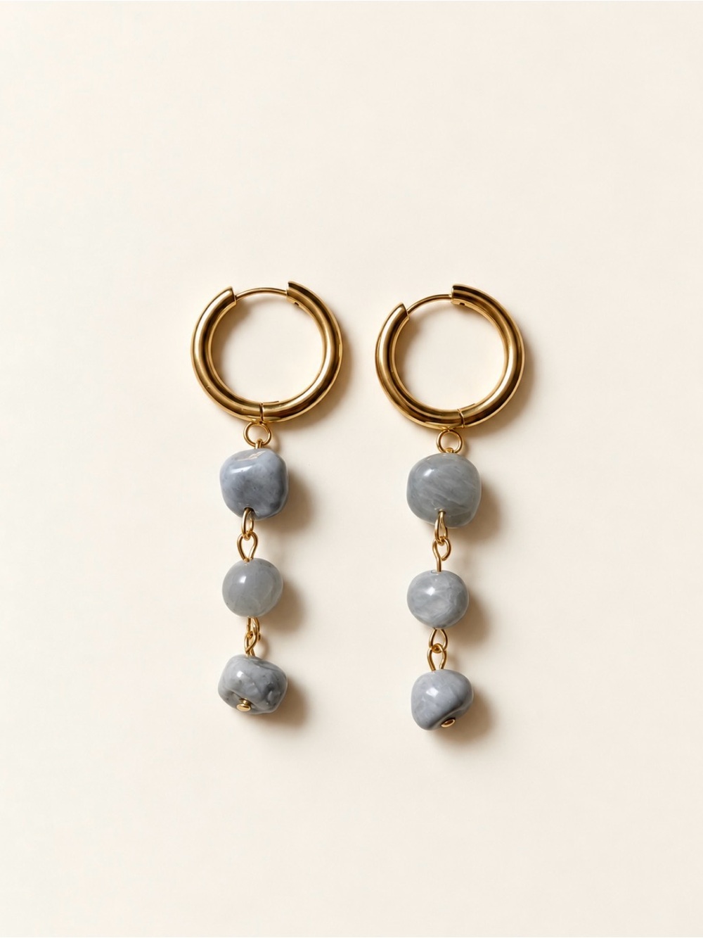 Handmade Gold Hoop Drop Earrings with Gray Stone Beads